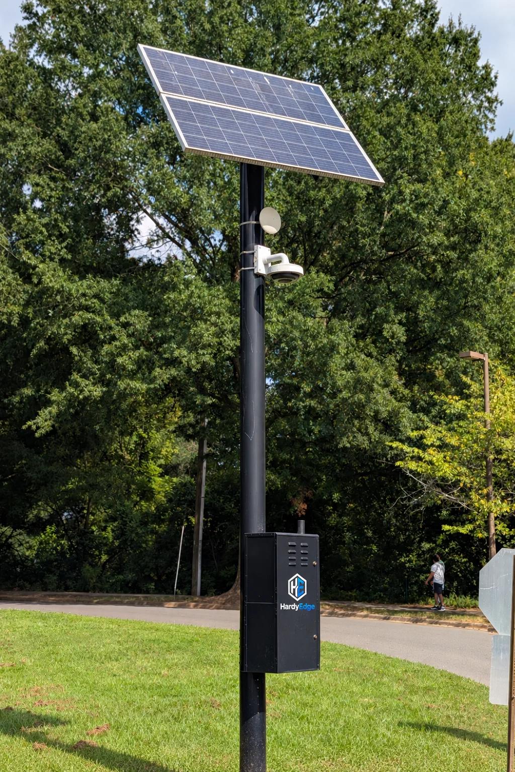 HardyEdge solar camera pole beside a path; approved concept visualization
