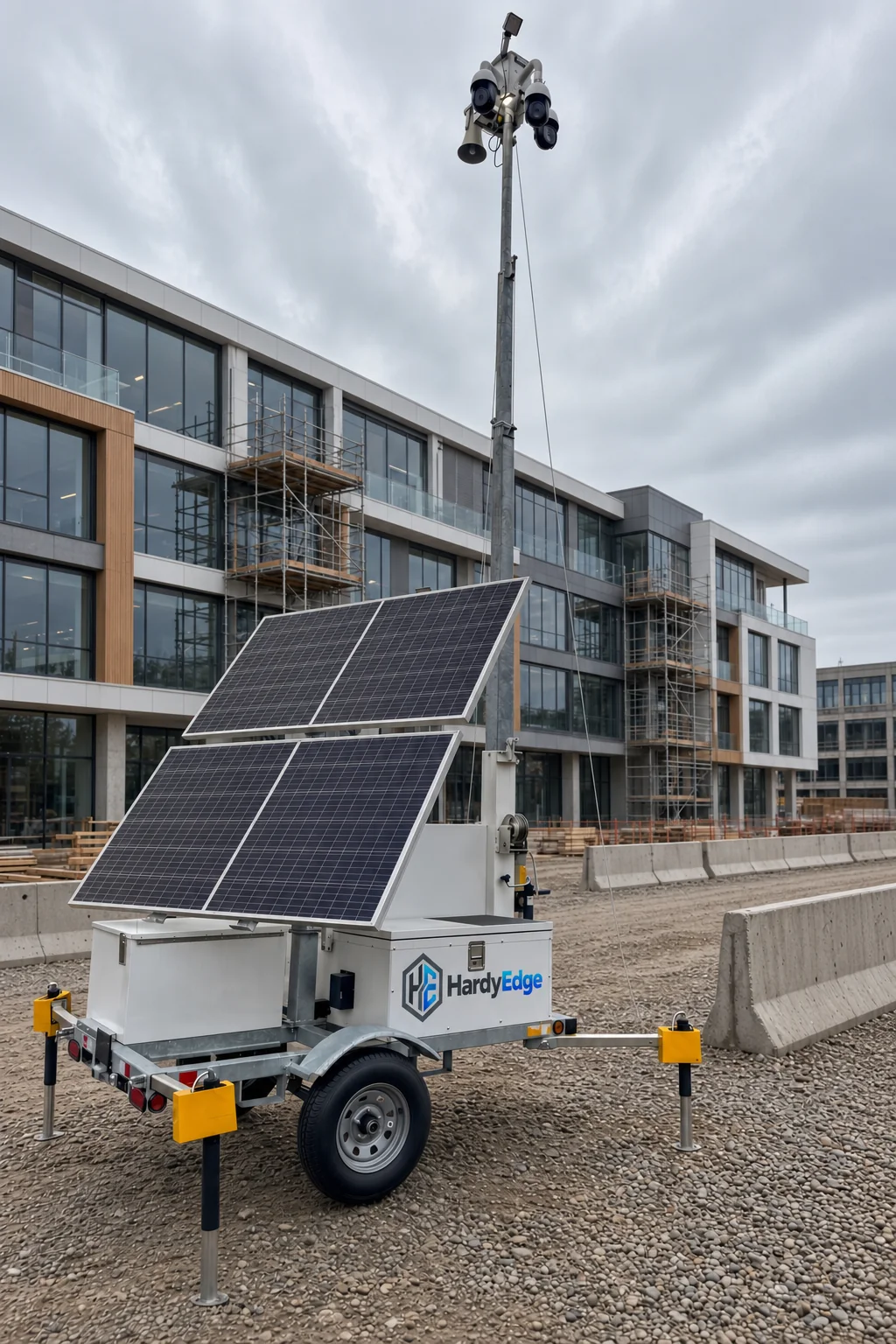 HardyEdge mobile solar surveillance trailer at a construction site; approved concept visualization